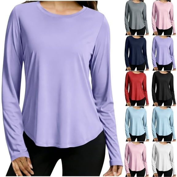 Otntypg Workout Tops for Women Quick Dry Long Sleeve Yoga Sun Protection Shirts Trendy Crew Neck Athletic Top Loose Fit for Running Gym Hiking Rash Guard Purple L