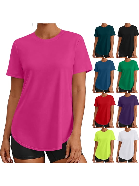 Workout Tops for Women Short Sleeve Basic Crew Neck Solid Color Side Slit Athletic Shirts Lightweight Quick Dry Running T-Shirts for Exercise Gym Hiking Black XL