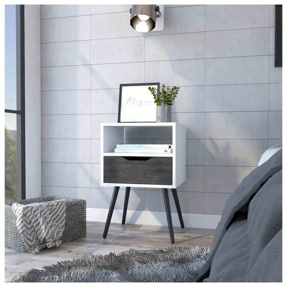 Otom Nightstand , Superior Top, One Open Shelf, One Drawer, Four Legs -Smokey Oak / White