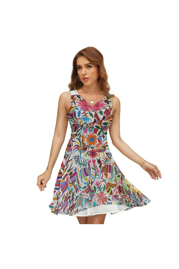 Otomi Fabric Mexico Art Dress Summer Street Style Dresses Female Sleeveless Printed Sundress