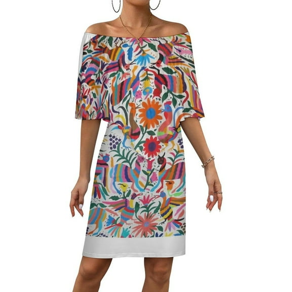 Otomi Fabric Mexico Art Women's Off The Shoulder Ruffles Summer Wedding Guest Loose Casual Party Beach Dress