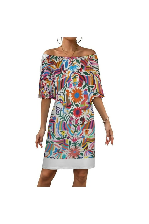Otomi Fabric Mexico Art Women's Off The Shoulder Ruffles Summer Wedding Guest Loose Casual Party Beach Dress