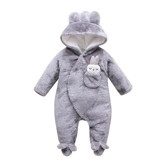 Otqutp 0-12 Months Baby Warm Clothes Boys Girls Long Sleeve Winter Rabbit Hooded Jumpsuit Romper Fall Winter Warm Clothes ﻿with Pocket(Grey,0-3 Months)