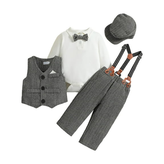 Otqutp 0 2 Years Elastic Waist Clothing Sets for Toddler Kids Boys Gentleman's Dress 4PCS Shirts Vest Pants Hat Child Baby Outfits Wedding Clothes(1-Grey,0-6 Months)