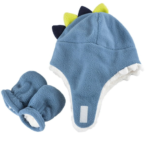 Otqutp 0-6Years Kids Baby Winter Hat and Gloves Set Cold Weather Toddler Boys Knitted Beanie with Earflap Fleece Dinosaur Cap Gloves(Light Blue,L)