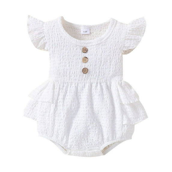Otqutp 0 to 24 Months Toddler Beach Jumpsuit Girls Fly Sleeve Solid Cotton Linen Romper Ruffles Button Decoratied Bodysuits Clothes