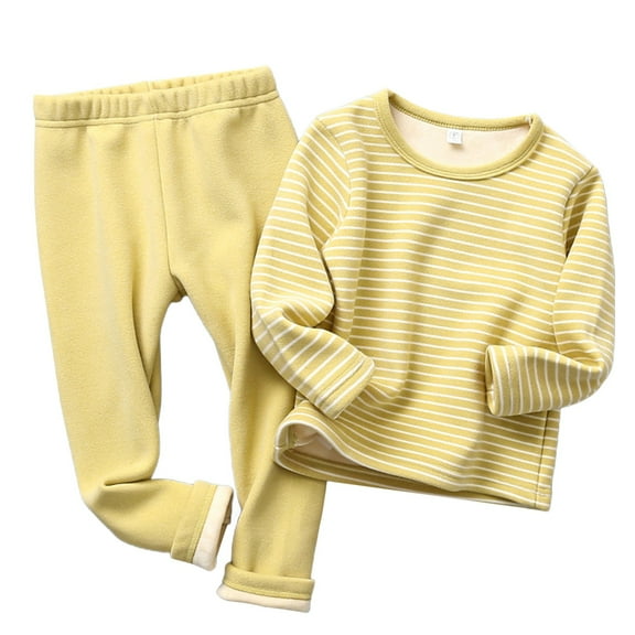 Otqutp 1-10 Years Girls Fleece Pajamas Sets Children's and Thick Striped Long Sleeve Sleepwear Home Wear for Boys and Girls with Warm Underwear Set(Yellow,5-6 Years)