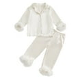 thumbnail image 1 of Otqutp 2-14 Years Satin Pajamas Set with Feather Trim Cute Long Sleeve Button Loungewear Sleepwear Solid Christmas Nightgown Shirt Trousers Set(A-Beige,6-7 Years), 1 of 6