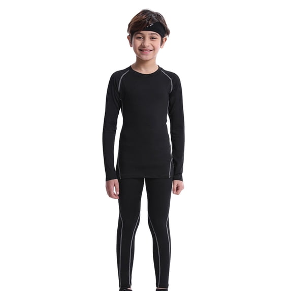 Otqutp 2 Piece Youth Boys Thermal Underwear Set Lined Compression Shirt Leggings Pants Soft Fleece Kids Base Layer Clothes Cold Weather
