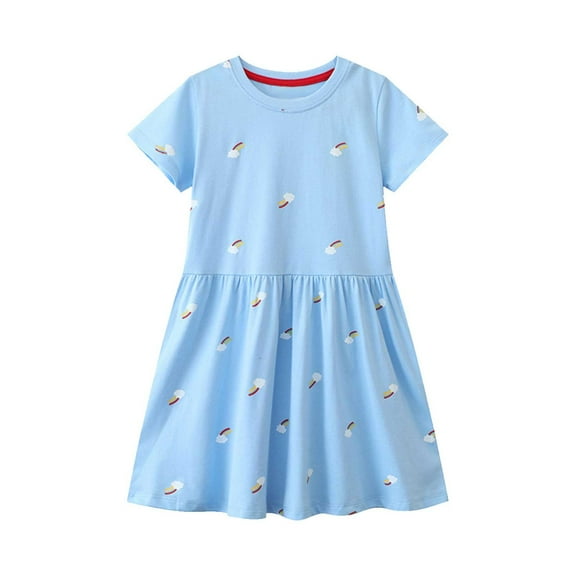 Otqutp 2024 Sundress for Toddler Girls Summer Rainbow Print Blue Background Dress Short Sleeve Sundress Casual Dress For 2Y To 7Years