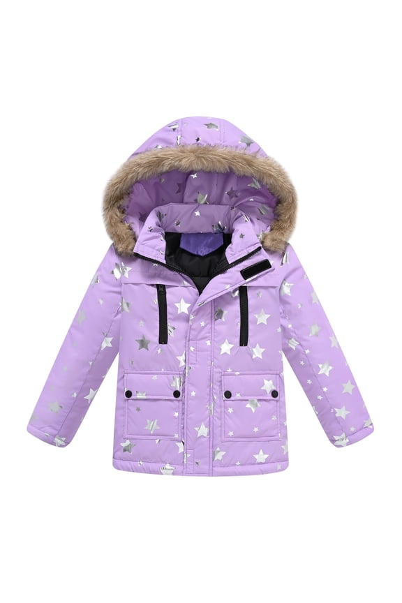 3-12 Years Boys and Girls Children Fall and Winter Fashion Printing Cute Sweet Collar with Hood with Pockets Long Sleeve Windproof Cotton Jacket with Pockets(Purple,5-6 Years)