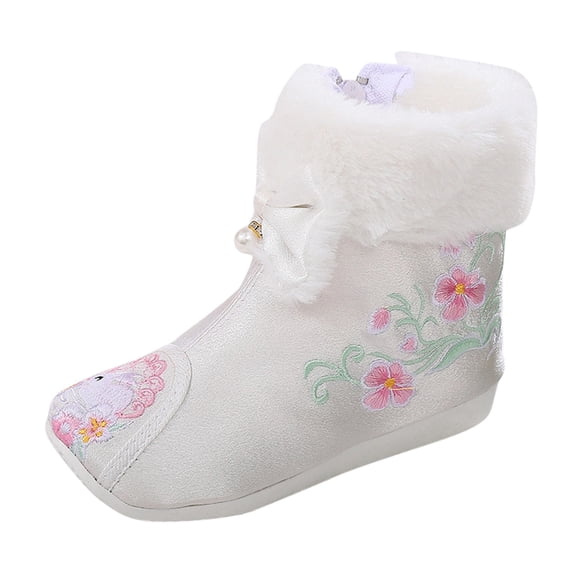 Otqutp 3-13 Years Non Slip Shoes Children Autumn Winter Warm Cotton Boots Embroidered Boots National Style Boots Princess Cotton Boots(White,5-5.5 Years)