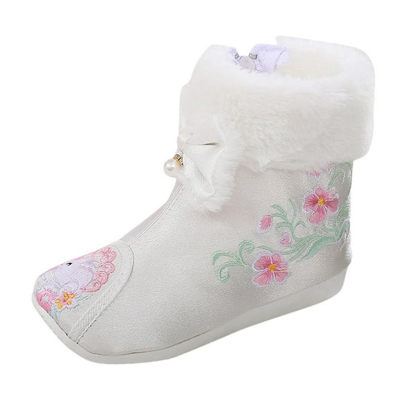 Otqutp 3-13 Years Non Slip Shoes Children Autumn Winter Warm Cotton Boots Embroidered Boots National Style Boots Princess Cotton Boots(White,18-24 Months)