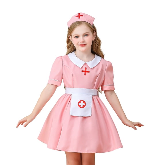 Otqutp 3 Piece Girls Dress Set Medical Style Nurse Themed Short Sleeve Dress Outfit with Headwear Apron Kids Fall Halloween Dress Up Clothing