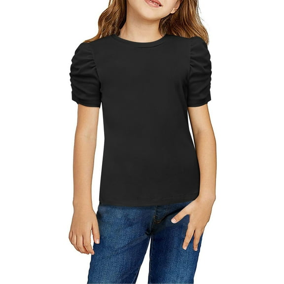 Otqutp 4-13 Years Kids Girls Puff Short Sleeve Shirts Summer Ribbed Knit Crewneck T Shirt Tops Tee Lightweight Soft Tunic Tops Birthday T-Shirts(Black-A,4-5 Years)
