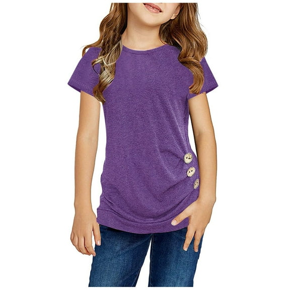 Otqutp Little Children Summer Spring Blouse Front Knot Tunic Button Tee Girls Short Sleeve TShirt Casual Tops Crewneck Blouse Kids Girls Tops(A-Purple,10-11 Years)