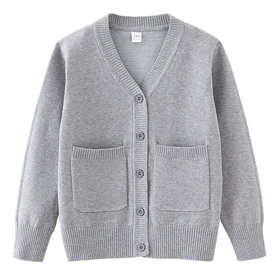 Otqutp 4-14 Years Children's Knitted Cardigan Pocket School Student Girls Sweater Coat Toddler Long Sleeve Button Knit Solid Sweaters Tops(Grey,5-6 Years)