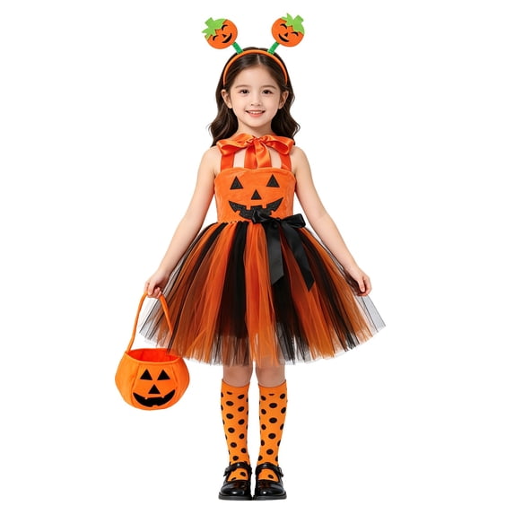 Otqutp 4 Piece Girls Pumpkin Set Suspender Tulle Dress with Headband Striped Socks Candy Bag Toddler Cute Halloween Clothes