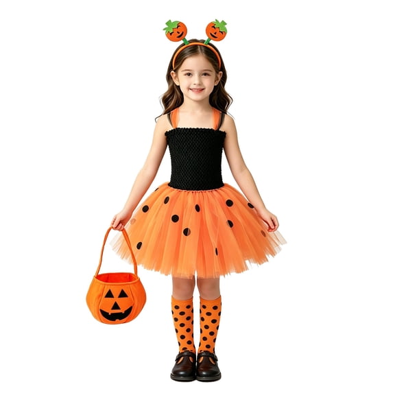 Otqutp 4 Piece Girls Pumpkin Set Suspender Tulle Dress with Headband Striped Socks Candy Bag Toddler Cute Halloween Clothes
