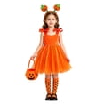 thumbnail image 1 of Otqutp 4 Piece Girls Pumpkin Set Suspender Tulle Dress with Headband Striped Socks Candy Bag Toddler Cute Halloween Clothes, 1 of 7