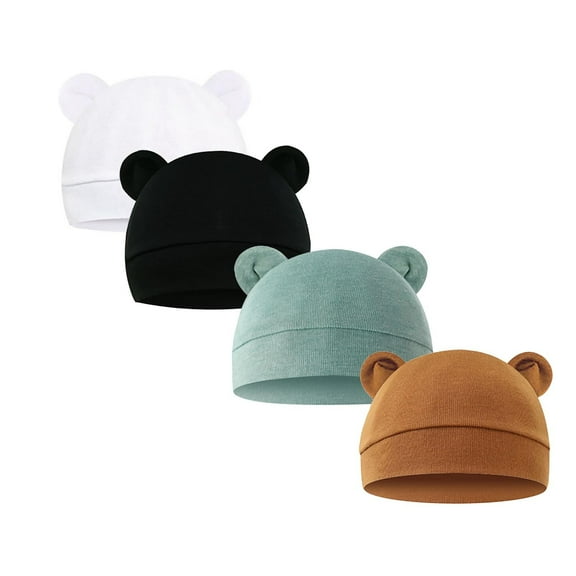Otqutp 4 Pieces Baby Headwrap Bear Ears Caps Baby Boys Girls Toddler Cute Cotton Hats Windproof Caps for 0-6 Months Children Hat(Black,One Size)