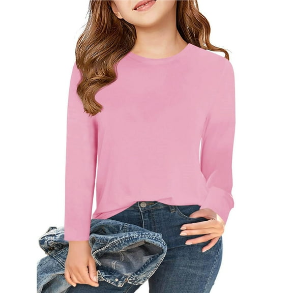 Otqutp Big /Little Children Fall Blouse 5-14 Years Kids Girls Long Sleeve T Shirts Kids Fall Bottoming Shirt Crewneck Basic Tees Breathable Tops(A-Pink,9-10 Years)