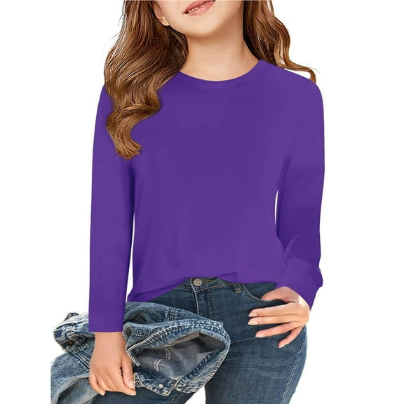 Otqutp 5-14 Years Girls Long Sleeve T Shirts Kids Fall Fashion Tops Crewneck Basic Tees Girls Shirts Cotton T-Shirts Loose Tunic Tops (b-Purple,11-12 Years)