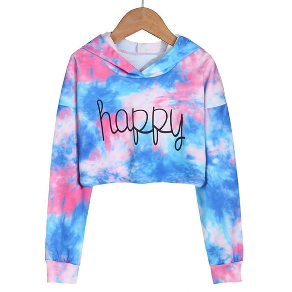 Otqutp 5-14 Years Little Children Casual Blouse Kids Teen Girls Crop Tops Tie-Dye Hoodies Long Sleeve Pullover Sweatshirts Hooded Tops(a-Blue,9-10 Years)