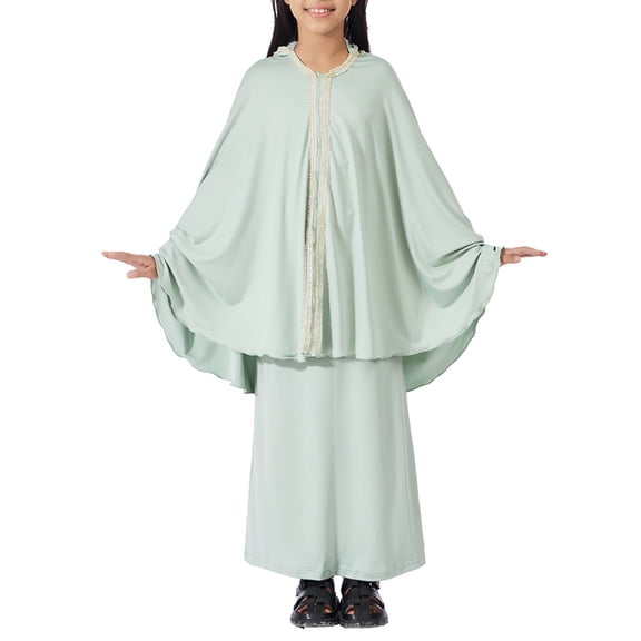 Otqutp Abayas Dress for Girls Muslim Long Sleeve Batwing Hooded Tops Pants 2 pcs 𝗗ubai 𝗜slamic Muslim Matching Clothing Sets