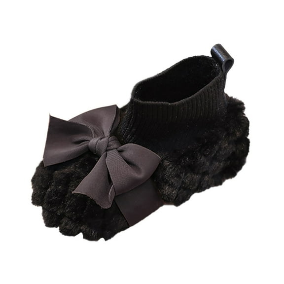 Otqutp Ankle Shoes for Baby Fashion Autumn and Winter Girls Boots Flat Soft Bottom Non Slip Cute Plush Warm Comfortable and Bow Knot Shoes(Black,18-24 Months)