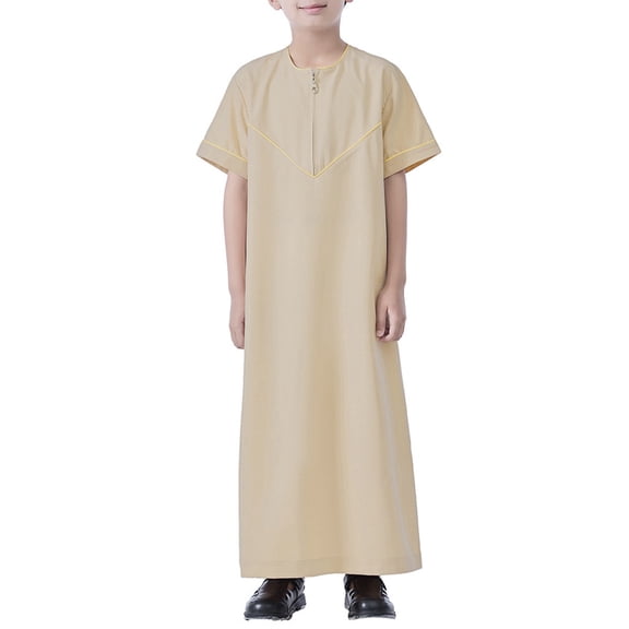 Otqutp Arabic Thobe Muslim Thobe Boy’s Half Zip Short Sleeves Robe 𝗜slamic Kids Lightweight Solid Full Length Abaya Kaftan