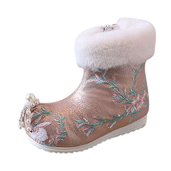 Otqutp Autumn Boots for Toddler Girls Ankle Pearl Boots 3-13 Years Warm Cotton Boots Embroidered Boots National Style Boots Princess Cotton Boots(B,3-3.5 Years)