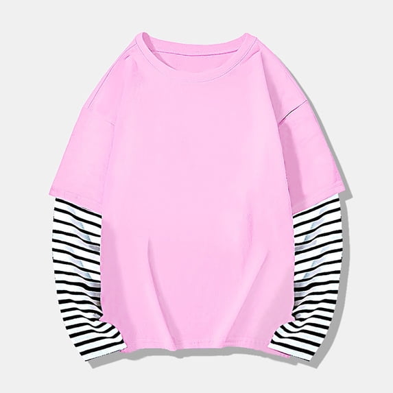 Otqutp Baby 2025 Long Sleeve Shirts 1-10 Years Kids Boys Girls Spring Fall Cotton Fashion Striped Top T Shirt Pullover Graphic Layered T-Shirt Fall Streewear(Pink-1,4-5 Years)