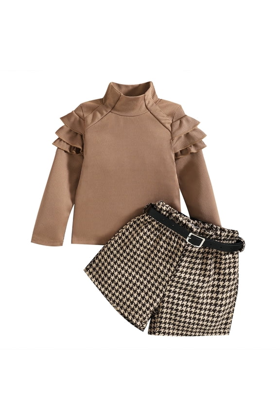 Baby Birthday Clothes Set Toddler Girls Ruffles Long Sleeve Ribbed Knitted Turtleneck T Shirt Tops Shorts Outfits Christmas Gifts 2PCS Outfits