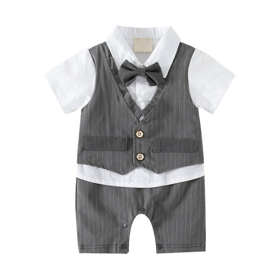 Otqutp Baby Boys Gentleman White Shirt Vest Bowtie Fashion Bow Jumpsuit Overall Toddler Boys Gentleman Dress Suit Romper(1-Grey,3-6 Months)