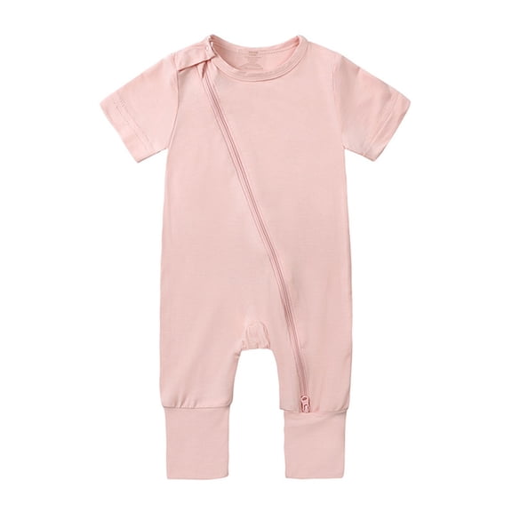 Otqutp Baby Boys Girls Cotton Rompers Toddler Cute Footless Pajamas Zipper Short Sleeve Sleeper Zipper Romper Crewneck Jumpsuits(A-Pink,18-24 Months)