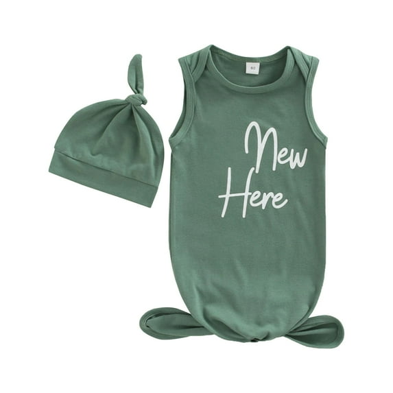 Otqutp Baby Boys Girls Hat Set Soft Comfortable Sleeper Baby Sleep Gown with Mittens Home Outfit Breathable Crewneck Bodysuit Outfit (Green-b,0-3 Months)
