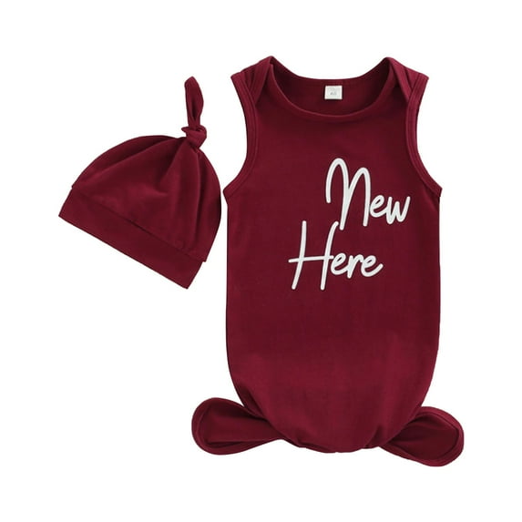 Otqutp Baby Boys Girls Hat Set Soft Comfortable Sleeper Baby Sleep Gown with Mittens Home Outfit Breathable Crewneck Bodysuit Outfit (Wine-b,0-3 Months)