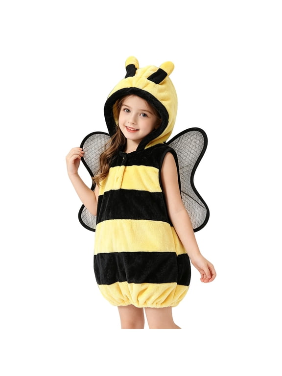Baby Boys Girls Hooded Jumpsuit Plush Striped Bumble Bee Sleeveless Onesie Toddlers Halloween Dress Up Clothes