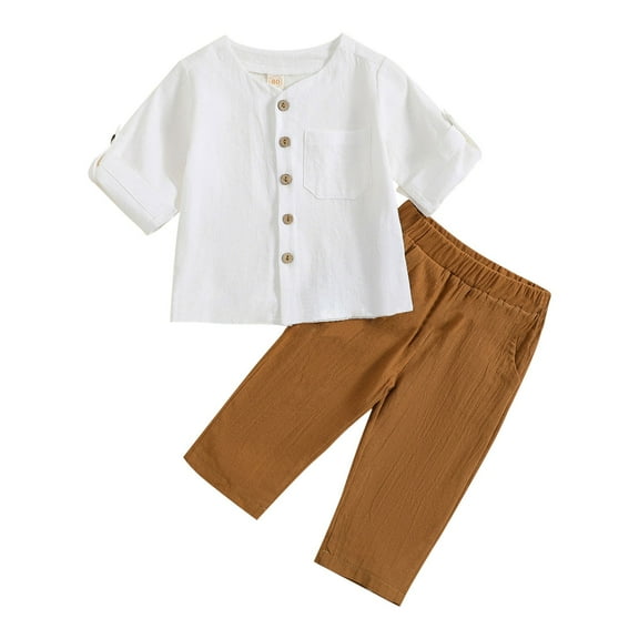 Otqutp Baby Casual Clothing Sets Kids Outfit Soft Cotton Warm Crewneck Mid Length Sleeve Stand Collar Solid Color Cotton Linen Suit for Boys Girls Elastic Pants 2PCS Fall Winter Clothes