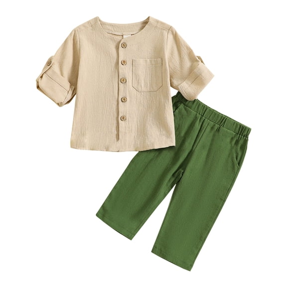Otqutp Baby Casual Clothing Sets Kids Outfit Soft Cotton Warm Crewneck Mid Length Sleeve Stand Collar Solid Color Cotton Linen Suit for Boys Girls Elastic Pants 2PCS Fall Winter Clothes