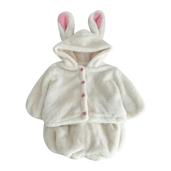 Otqutp Baby Casual Outfits Set Girls' Winter Long Sleeved Rabbit Ears Hooded Button Down Plush Coat   3d Rabbit Tail Plush Shorts Baby Flock Set