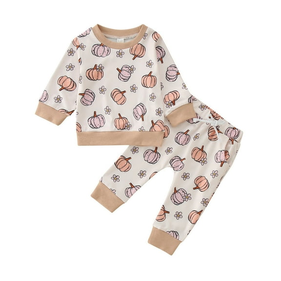 Otqutp Baby Clothes Set Kids Outfit Soft Cotton Warm Crewneck Long Sleeved Round Neck Halloween Pumpkin Flower Print Suit Clothes Set for Boys Girls