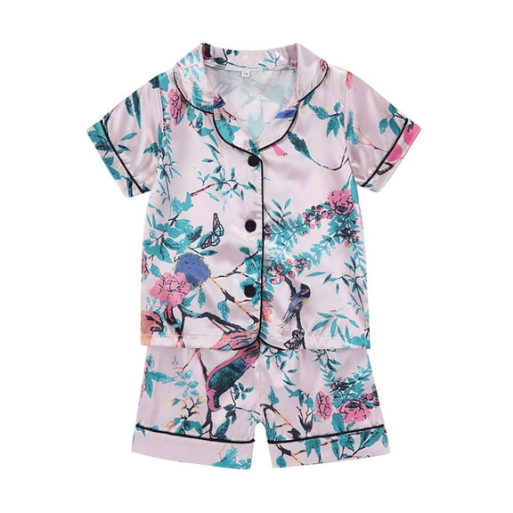 Otqutp Baby Clothes Set for Birthday Boys Girls Cute Printed Short Sleeve Shorts Satin Pajamas Soft Loungewear Set for 6M-5 Years