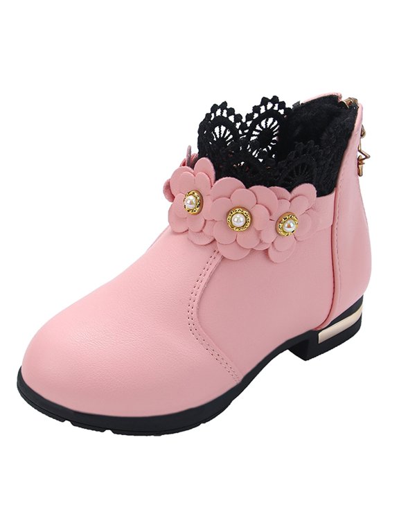 Little Boys Fashion Sneakers Little/big Kids Shoes Fashion Boots Shoes Plush Low Tube 3D Flowers Print Leather Boots 4-12 Years(Pink,9-9.5 Years)