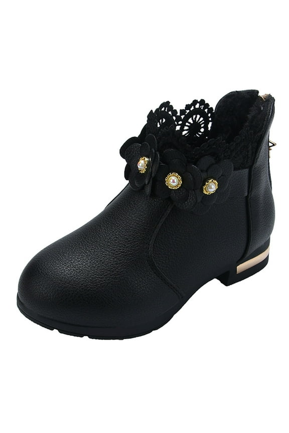 Baby Cute Footwear Little/big Kids Shoes Fashion Boots Shoes Plush Low Tube 3D Flowers Print Leather Boots for 4 to 12 Years