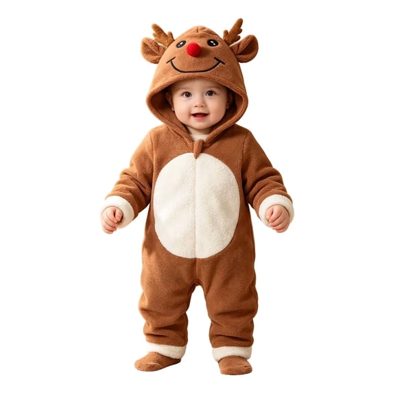 Otqutp Baby Deer Full Zip Hooded Bodysuit Soft Plush Animal Jumpsuit Newborn Long Sleeve Warm Romper Casual Infant Outfit for Christmas