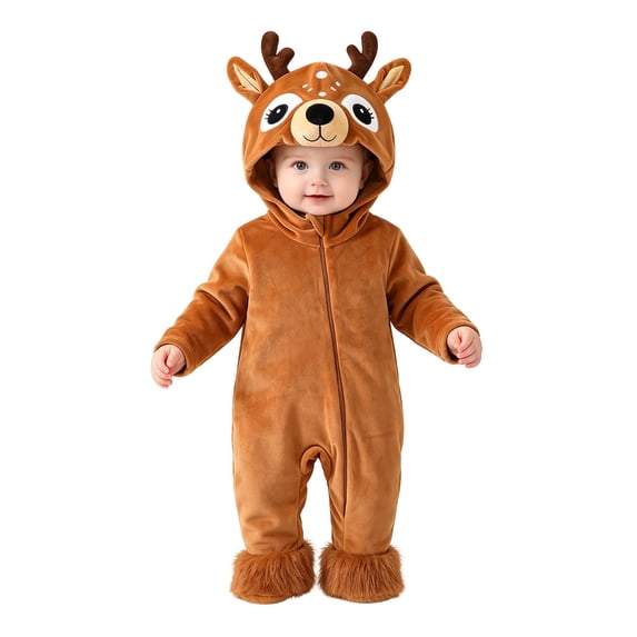 Otqutp Baby Deer Full Zip Hooded Bodysuit Soft Plush Animal Jumpsuit Newborn Long Sleeve Warm Romper Casual Infant Outfit for Halloween