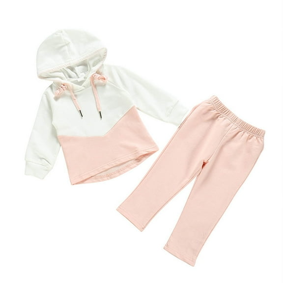 Otqutp Baby Fashion Pullovers Girls' Fall and Winter Color Blocking Cotton Hooded Pullover Tops Plus Long Pants Sweater Set(Pink,18-24 Months)