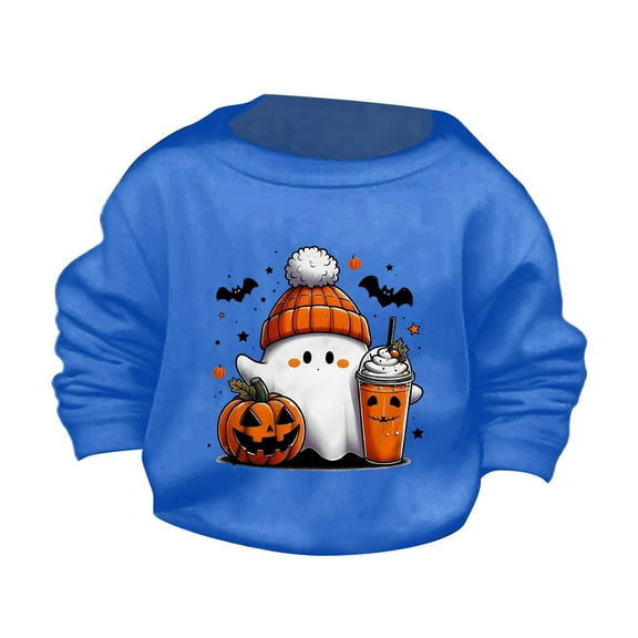 Otqutp Baby Fashion Round Neck Children's Halloween Cute Little Bats and Pumpkin Printed Round Neck Sweater Autumn Hoodie Sweatshirt(Blue,5-6 Years)